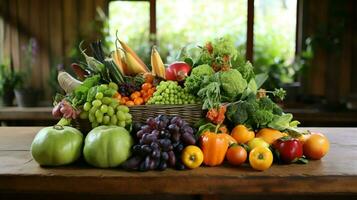 fresco fruta e legumes em rústico mesa arranjo foto