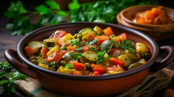 fresco saudável legumes cozinhou dentro uma caseiro orgânico foto