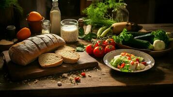 fresco saudável vegetariano refeição em de madeira mesa com caseiro foto