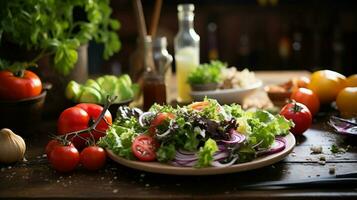 fresco saudável vegetariano refeição em de madeira mesa com orgânico foto