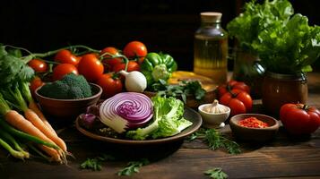 fresco orgânico legumes em uma rústico de madeira mesa saudável foto