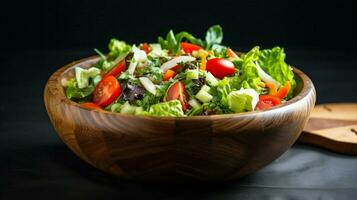 fresco salada dentro uma de madeira tigela uma saudável vegetariano Aperitivo foto