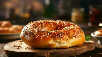 recentemente cozido bagel em uma rústico mesa pronto para comer saúde foto