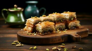 recentemente cozido baklava em rústico de madeira borda foto