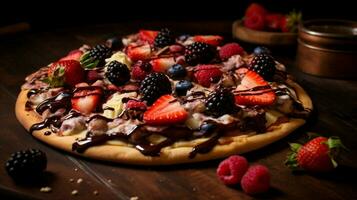 recentemente cozido gourmet pizza com baga fruta e chocolate foto