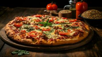 recentemente cozido gourmet pizza em rústico de madeira mesa pronto foto