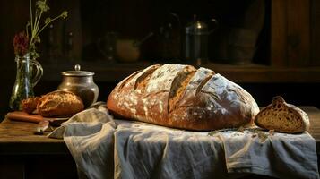 recentemente cozido caseiro pão em rústico madeira mesa foto