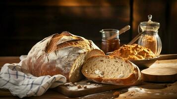 recentemente cozido caseiro pão em rústico de madeira mesa foto