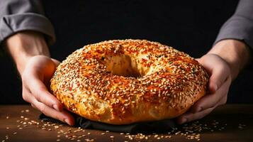 recentemente cozido caseiro sésamo bagel uma saudável gourmet foto