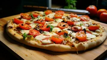 recentemente cozido pizza com mozzarella tomate e vegetal foto