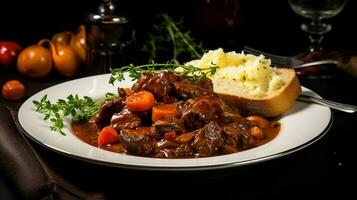 recentemente cozinhou gourmet refeição refogado carne ensopado com salgado foto