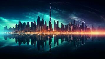 futurista Horizonte brilha dentro dubai Sombrio noite foto