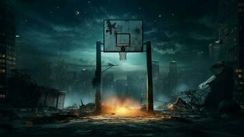 brilhando basquetebol aro dentro Sombrio paisagem urbana concorrência foto