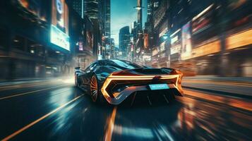 brilhando carro zooms através futurista cidade ruas foto
