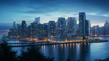 brilhando paisagem urbana às crepúsculo moderno arquitetura iluminado foto