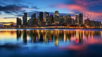 brilhando paisagem urbana reflete em beira-mar às crepúsculo foto