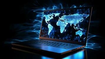 brilhando computador portátil comunica globalmente em digital exibição foto