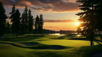 golfe clube balanços às crepúsculo em gramíneo curso foto