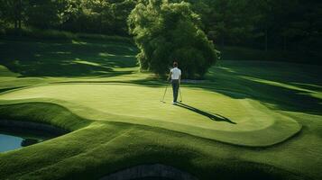 jogador de golfe colocando bola em verde Relva campo foto