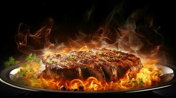 gourmet grelhado carne em prato brilhando com calor foto