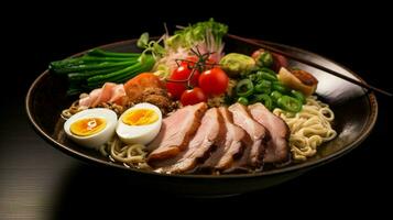 gourmet japonês refeição ramen Macarrão carne de porco vegetal cozinhou foto