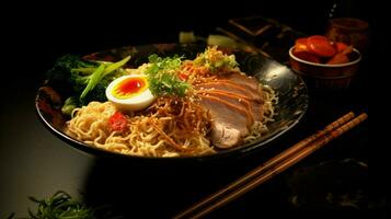 gourmet refeição carne de porco ramen Macarrão com pauzinhos foto