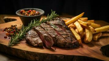 grelhado carne e fritas em rústico prato foto