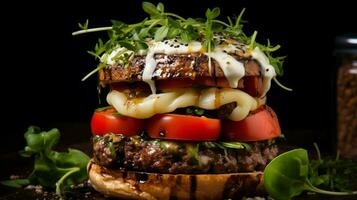 grelhado carne hamburguer com queijo e tomate foto