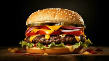 grelhado Hamburguer de queijo em uma pão com tomate e cebola foto