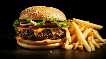 grelhado Hamburguer de queijo em sésamo pão com fritas foto