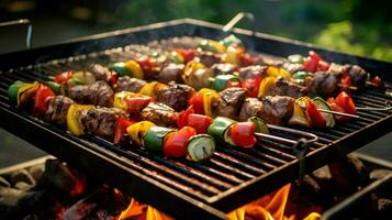 grelhado carne e legumes em uma churrasco uma verão piquenique foto