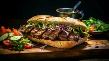 grelhado carne em ciabatta fresco salada caseiro molho saúde foto