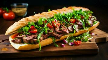 grelhado carne em ciabatta fresco salada caseiro molho saúde foto