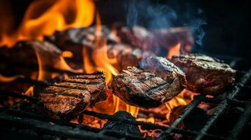 grelhado carne em fogo natural calor churrasco carvão fechar acima foto