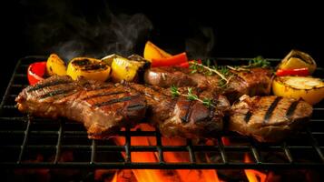 grelhado carne de porco carne e legumes em uma quente churrasco chama foto