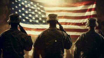 grupo do exército homens saudando americano bandeira foto