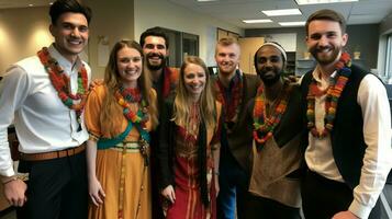 grupo do profissionais dentro tradicional roupas sorridente foto