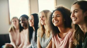 grupo do jovem adulto fêmeas sorridente dentro de casa concentrando foto