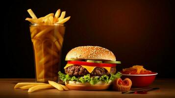 Hamburger com francês fritas e refrigerante beber foto