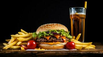 Hamburger com francês fritas e refrigerante beber foto