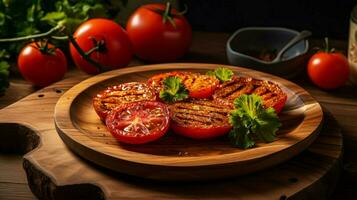 saudável comendo fresco vegetariano refeição com grelhado tomate foto