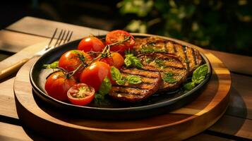 saudável comendo fresco vegetariano refeição com grelhado tomate foto