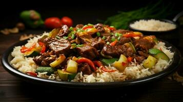 saudável refeição com carne arroz e legumes foto