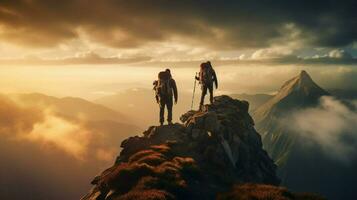 saudável homens caminhada montanha pico para aventura foto