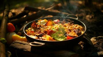 saudável vegetariano refeição cozinhou ao ar livre em madeira chama foto