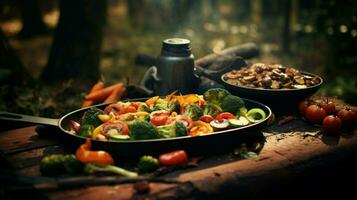 saudável vegetariano refeição cozinhou ao ar livre em madeira chama foto