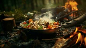 saudável vegetariano refeição cozinhou ao ar livre em madeira chama foto