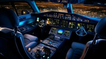 Alto tecnologia cockpit equipamento ilumina noite aéreo foto