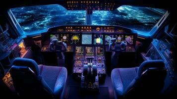 Alto tecnologia cockpit equipamento ilumina noite aéreo foto