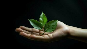 humano mão segurando verde folha simbolizando ambiental foto